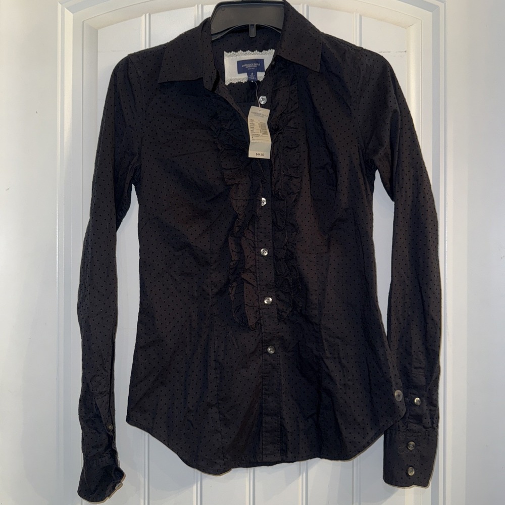 American Eagle Button Up Long Steve Blouse Black  Ruffle Detail  Size 4 NWT